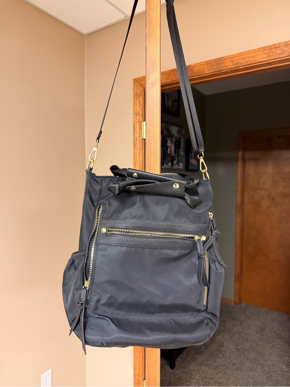 Black Nylon Crossbody Tote Bag with Gold Hardware